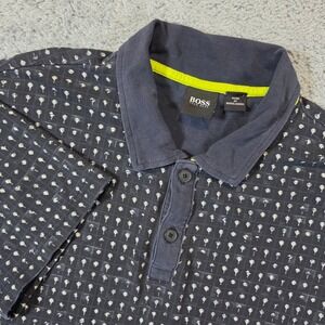 BOSS Hugo Boss Polo Shirt Mens M Navy Blue Palm Tree Print Cotton Short Sleeve